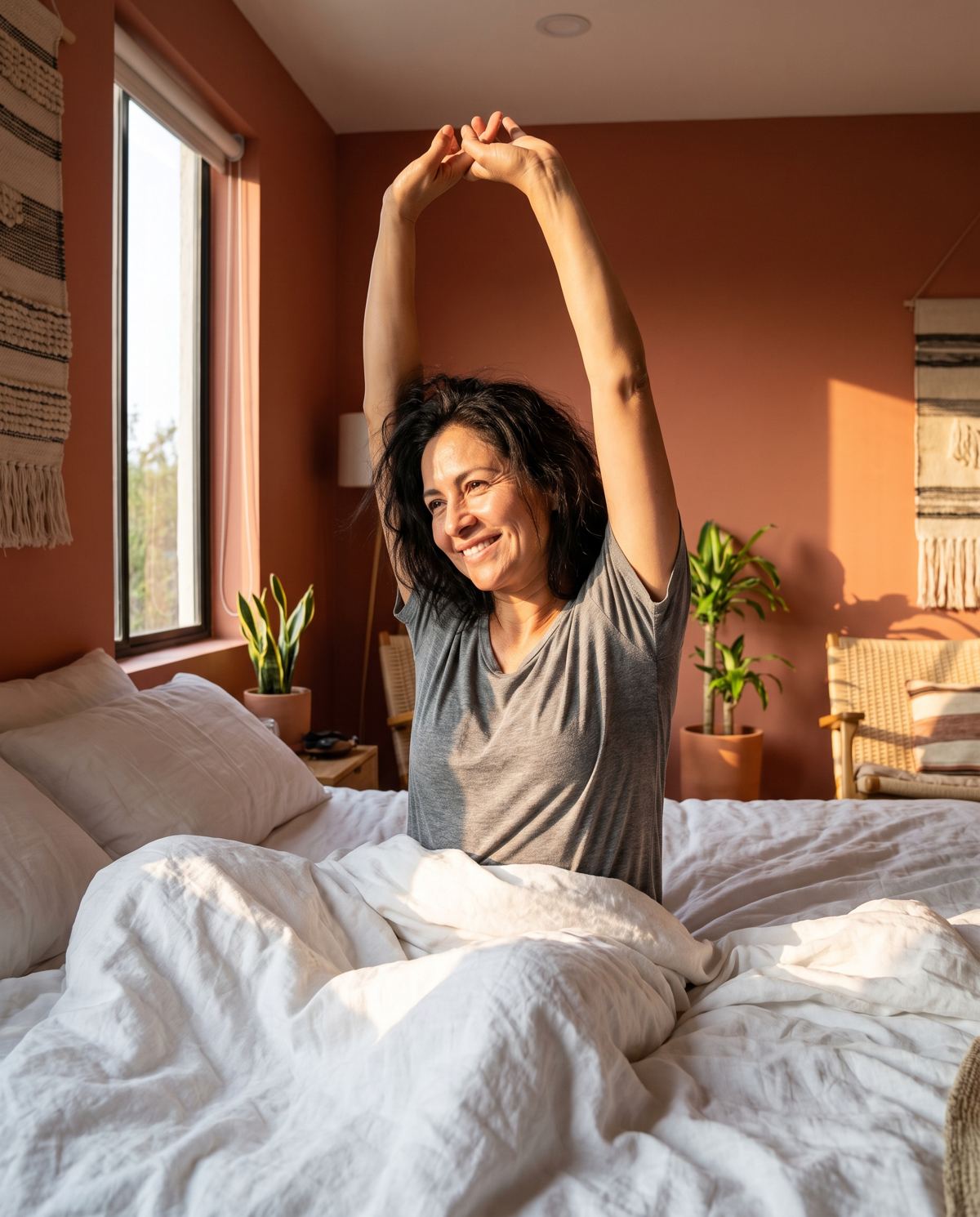 Mujer despertando descansada en la mañana