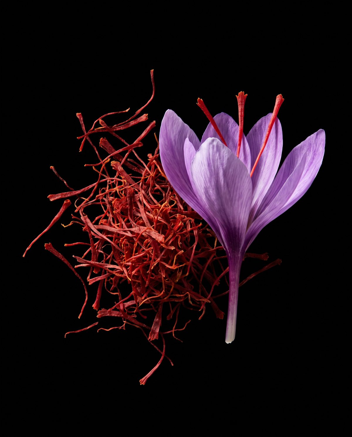 Hebras de azafrán y flor de Crocus sativus